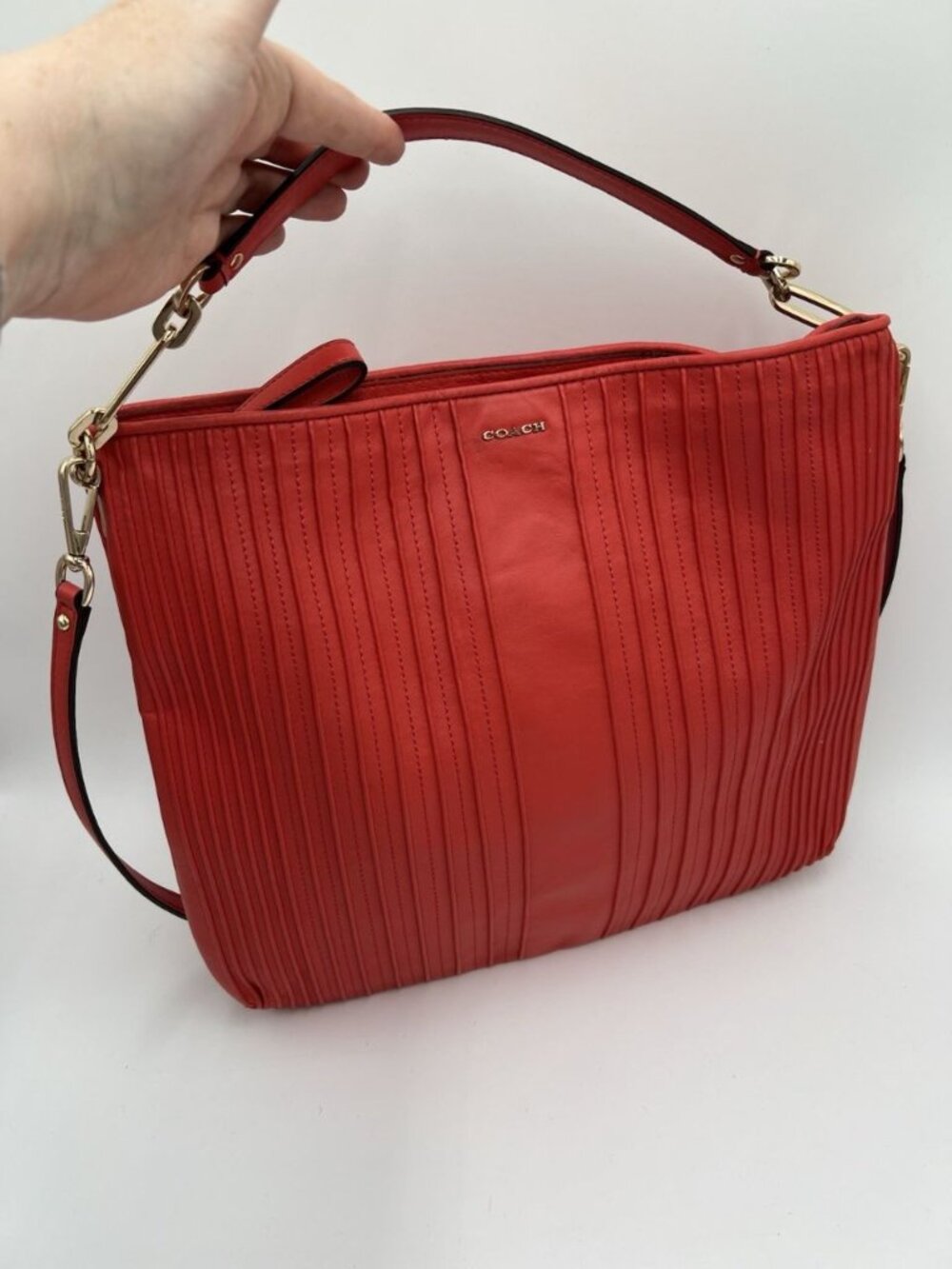 Coach Madison Pintuck Hobo Bag Vermillion Red Leather Convertible Crossbody